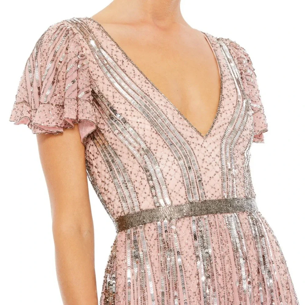 $698 Mac Duggal Size 6 Pink Silver Beaded Sequin V-Neck Long Maxi Dress Gown - Picture 4 of 4